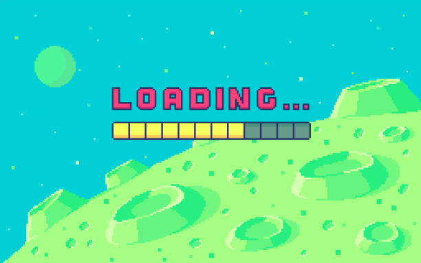 Pixel art design with outdoor landscape background. Pixel art design with outdoor landscape background. Colorful pixel arcade screen for game design. Banner with loading button. Game design concept in retro style. Vector illustration. video game stock illustrations