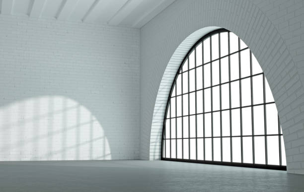 Loft style interior with black arch windows 3d illustration. Loft room or studio with large arch black windows. Modern interior. interior of old house garret stock pictures, royalty-free photos & images
