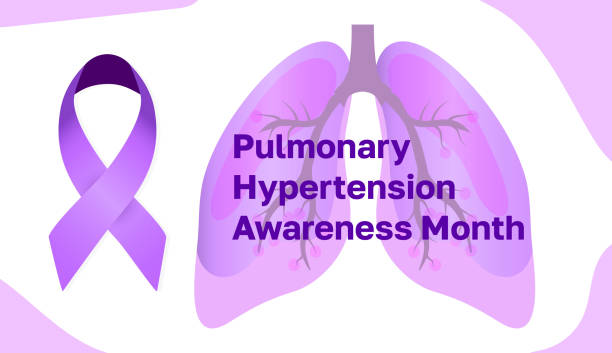 肺高血圧症啓発月間は11月に祝われます。紫色のリボンと大きな肺が示されています - pulmonary valve点のイラスト素材／クリップアート素材／マンガ素材／アイコン素材