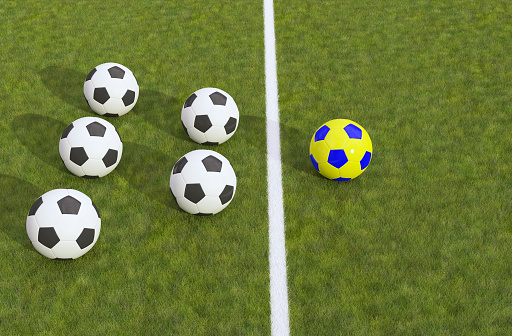 Standing out from the crowd concept with soccer balls. Can also be used for the following concepts : Individuality, Leadership. (3d render)