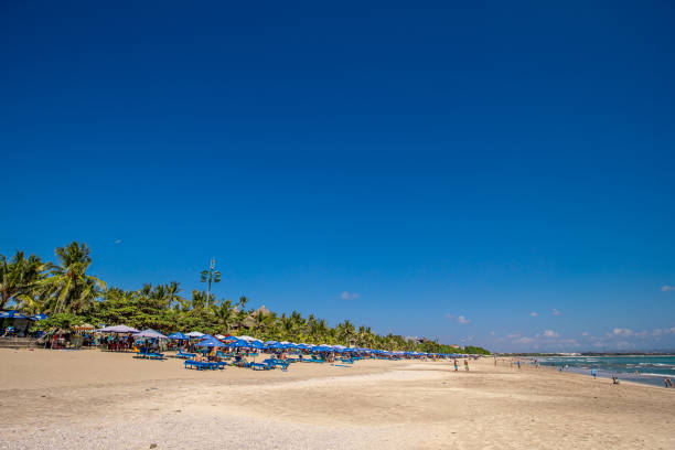 Kuta Beach Bali Bali, Indonesia - August, 9 2018: The iconic clear skies and sand of Bali’s famous tropical destination Kuta Beach with palm trees and beach lounges. kuta beach stock pictures, royalty-free photos & images