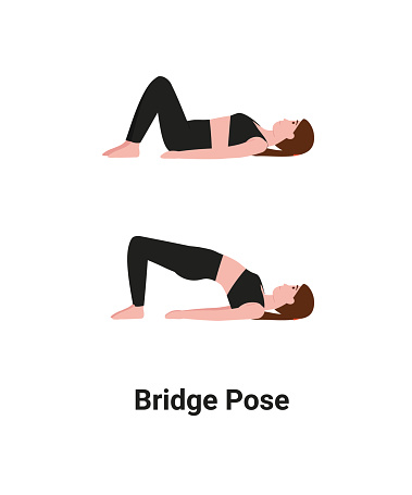 Woman do Setu Bandhasana or Setu Bandha Sarvangasana or Bridge Pose yoga for back pain. Flat vector cartoon isolated illustration.