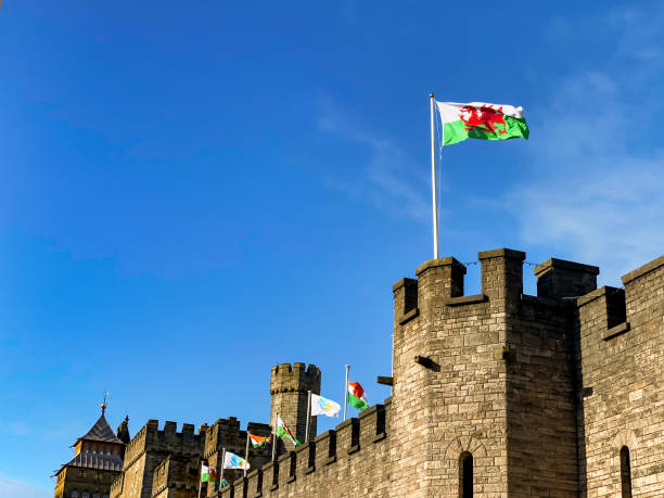 bandera galesa ondeando en una torreta del castillo de cardiff - welsh flag fotografías e imágenes de stock