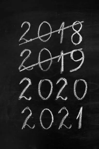 Photo of New Year timeline on blackboard.