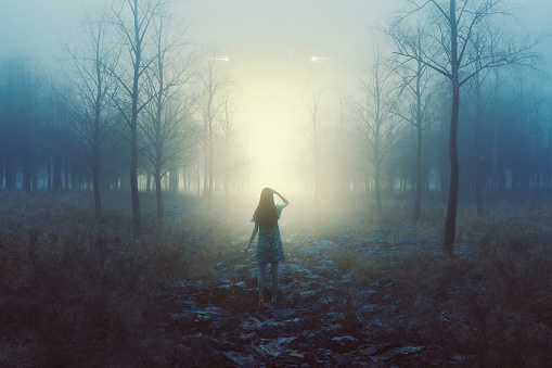 Woman in the forest with mysterious lights at night, 3D generated image.