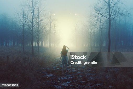 istock Woman in the forest with mysterious lights at night 1286029563