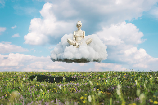 Meditating on a cloud over a meadow, 3D generated image.