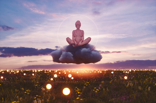 Meditating on a cloud over a meadow, 3D generated image.