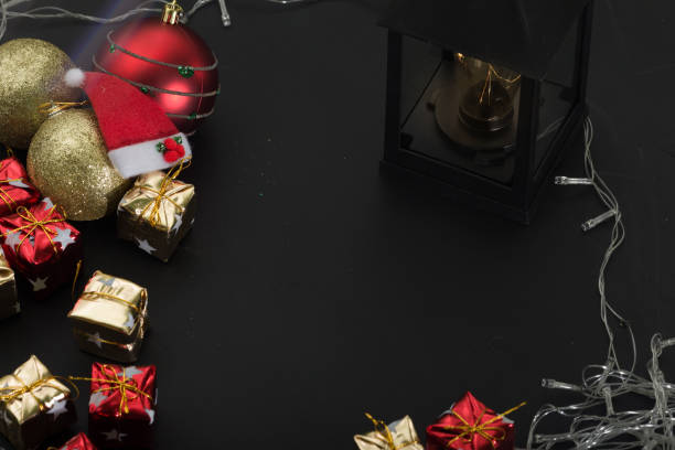 istock Christmas table with retro lamp. Christmas balls. copy space 1286031612
