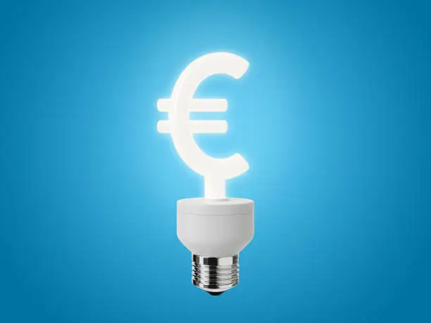 Energy Efficient Euro Sign Light Bulb on a Blue Background