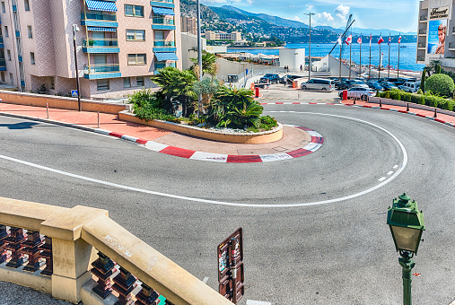 Monte Carlo, Monaco - August 13:  The Fairmont Hairpin or Loews Curve, one of the most famous section of the Monaco Grand Prix circuit, located in Monte Carlo, Monaco, as seen on August 13, 2019