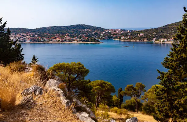 Babin Kuk peninsula, a high-up view of the Babin Kuk bay and its nature at the Adriatic shores of Croatia.