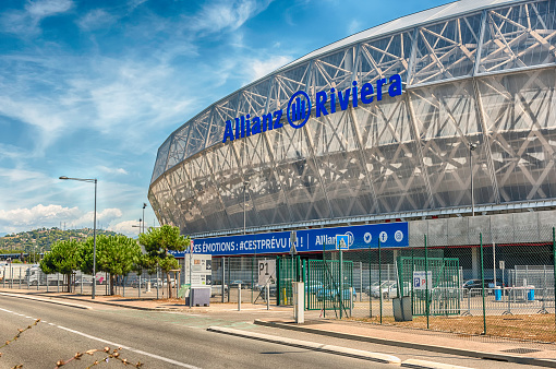 Nice, France - August 16: Exterior view of Allianz Riviera Stade de Nice, Cote d'Azur, France, on August 16, 2019. The stadium hosts home matches of OGC Nice football club