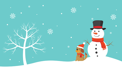 Snowman and dog enjoying outdoor on winter day and snow. Xmas and New Year concept. Copy space for text or design. Flat design vector illustration