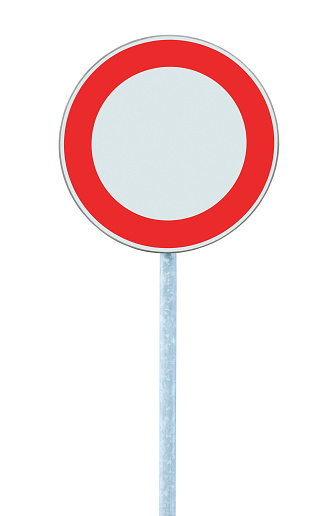 European Union No Vehicles Warning Road Sign, Grey Pole Post, Isolated Vertical Closeup