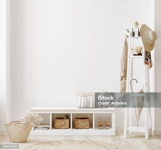 Wall Mockup In White Clear Hallway Interior Stock Photo - Download Image Now - Building Entrance, Entrance Hall, Home Interior