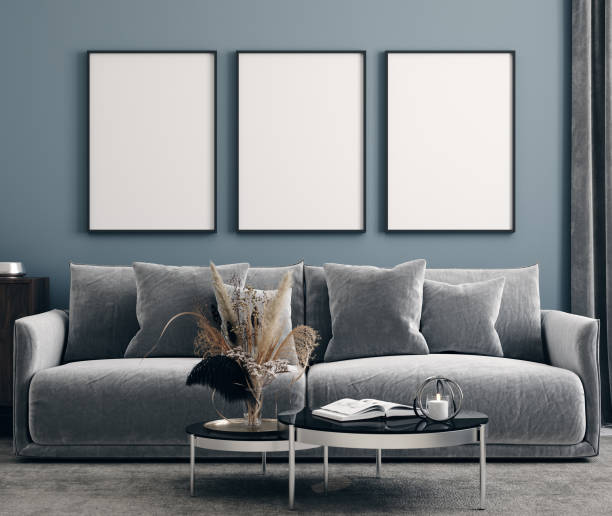 Poster mock up in modern interior background, dark room with bouquet on table