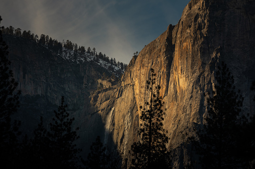 Spots from Yosemite National Park' granite rock walls in California, United States.