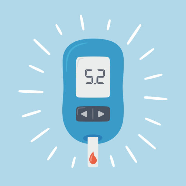 przenośny glukometr z wartościami normalnymi. badanie stężenia glukozy we krwi. odczyty cukru we krwi. kontrola i diagnostyka cukrzycy. - sugar level stock illustrations