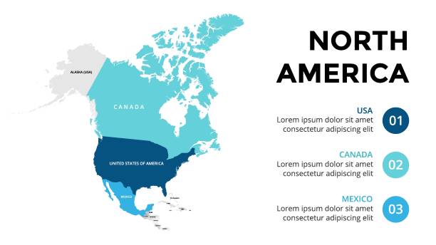 Print North America vector map infographic template. Slide presentation. USA, Canada, Mexico. World transportation geography data. north america stock illustrations
