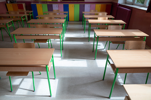 Classroom prepared for getting back to school after coronavirus pandemic, no people