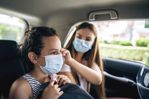 istock Mother adjusting daughter's protective face mask while they are traveling to school 1286049828
