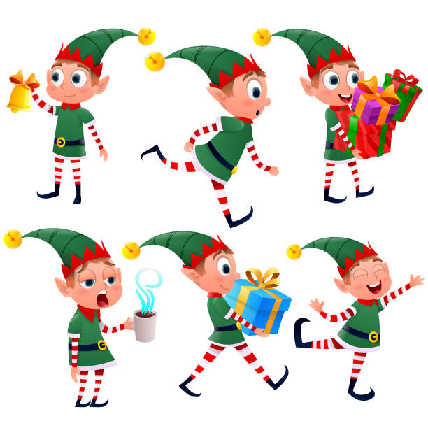 Collection of funny Christmas elf with presents. Santa Claus helpers to elves. Dwarf elves fun characters christmas little green helper.  Happy New Year, Merry Christmas and elves. Vector illustration Collection of funny Christmas elf with presents. Santa Claus helpers to elves. Dwarf elves fun characters christmas little green helper.  Happy New Year, Merry Christmas and elves. Vector illustration santas helpers stock illustrations