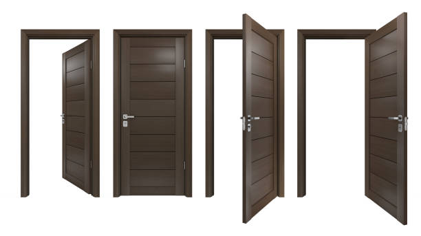 istock Set of modern, solid wood, single, 3D realistic entrances. Front view of closed and open intside, outside doors with dark brown wooden planks 1286051607