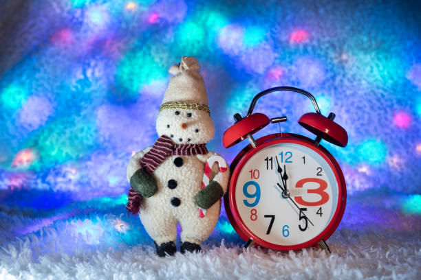 istock The classic red alarm clock stands on a background consisting of multi-colored light spots 1286054270