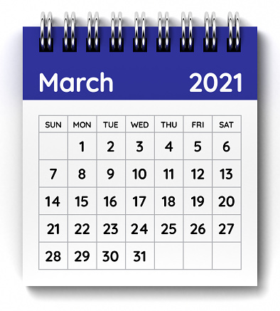 March 2021 Calendar. 3D Render.