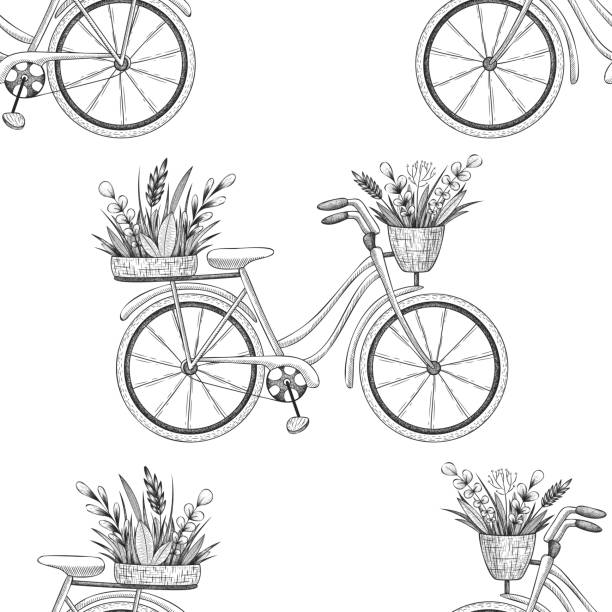 Seamless vector pattern with bicycle, floral basket, herbs, plants,  branches, isolated on white background. Hand drawn vintage background