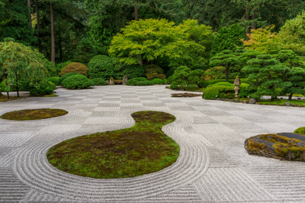 Japanese Flat Garden Moss Bushes Lantern Portland Oregon Looking at the "Flat Garden" area at the Portland Japanese Garden in Portland, Oregon. Has trees, bushes, lantern and stone. portland japanese garden stock pictures, royalty-free photos & images
