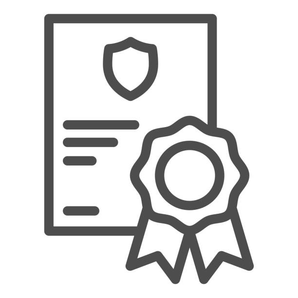 Military service certificate line icon, patriotic protection of country concept, graduation soldier from army sign on white background, diploma of completion icon. Vector graphics. Military service certificate line icon, patriotic protection of country concept, graduation soldier from army sign on white background, diploma of completion icon. Vector graphics quality stock illustrations