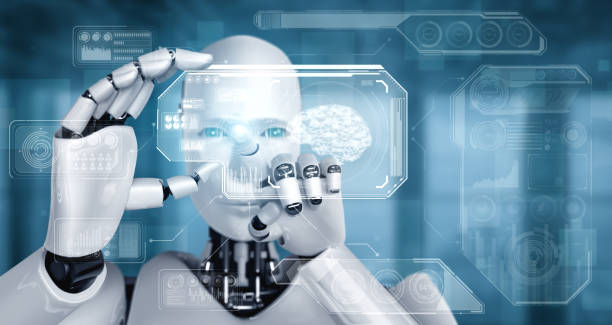 istock Robot humanoid hold HUD hologram screen in concept of AI thinking brain 1286065725