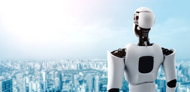 istock 3D illustration robot humanoid looking forward against cityscape skyline 1286065765