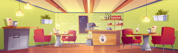 Coffee house or cafe interior with cashier desk Coffee house or cafe interior with cashier desk, machine, chalkboard menu, shelf with roasted beans packs, tables and armchairs, litter bin. Empty cafeteria, food court. Cartoon vector illustration indoors bar restaurant sofa stock illustrations