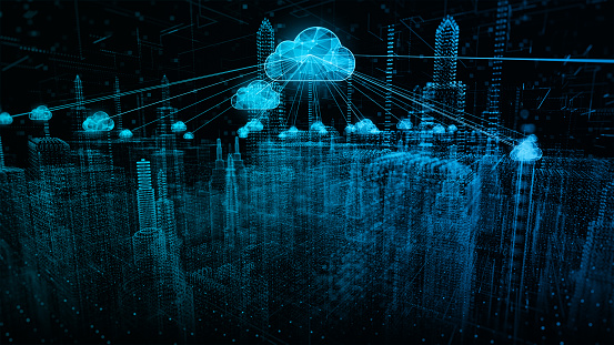Smart city of cybersecurity digital data of futuristic and technology of cloud computing using artificial intelligence, 5g High speed internet connection and big data analysis background concept.