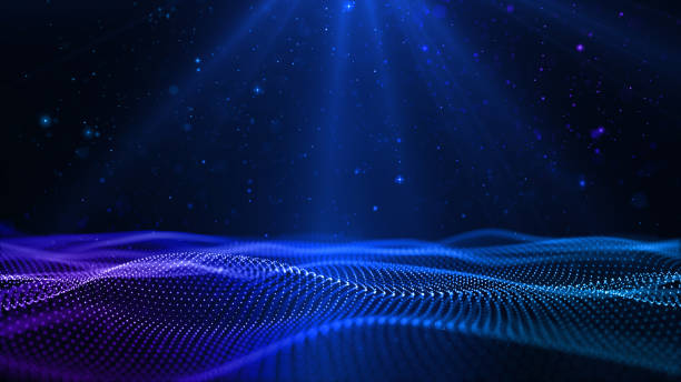 istock Digital blue particles wave flow with dust and bokeh, Digital Stage floor and lighting for display your product background 1286070250