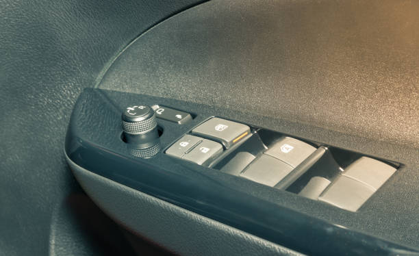 interruptor de controle do espelho lateral do carro em zoom view em tom vintage - garage sale audio - fotografias e filmes do acervo