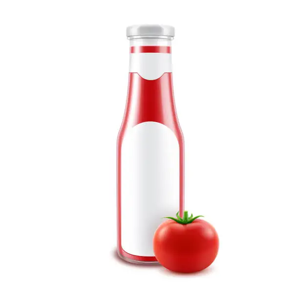 Vector illustration of Vector Blank Glass Glossy Red Tomato Ketchup Bottle for Branding with label and Fresh Tomato Isolated on White Background