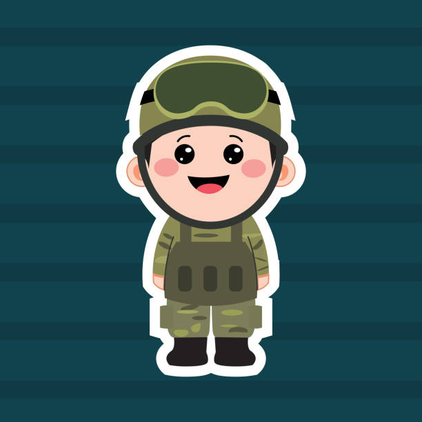 illustrazioni stock, clip art, cartoni animati e icone di tendenza di cartone animato carino esercito chibi - young soldier