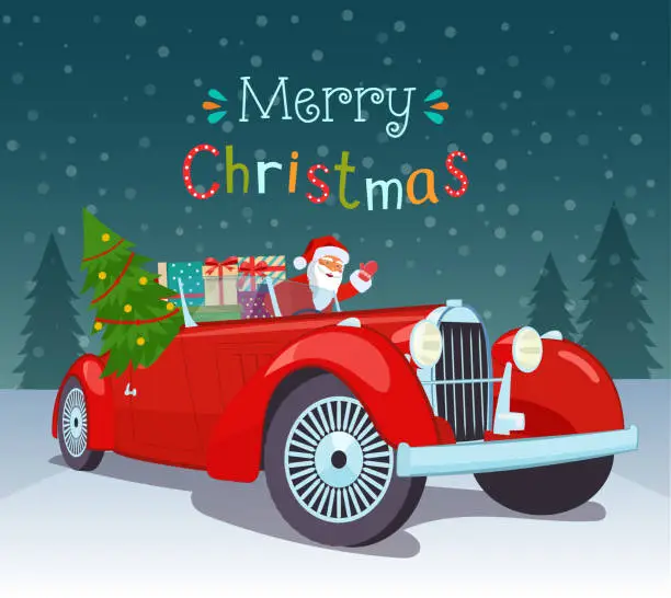 Vector illustration of Merry Christmas stylized typography. Vintage red cabriolet with santa claus, christmas tree and gift boxes. Vector flat style illustration.