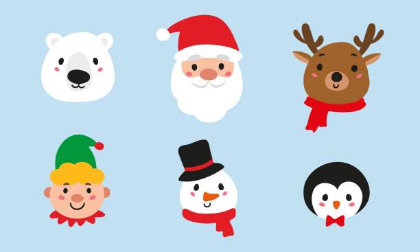 ilustraciones, imágenes clip art, dibujos animados e iconos de stock de personajes de navidad - cara antropomórfica ilustraciones