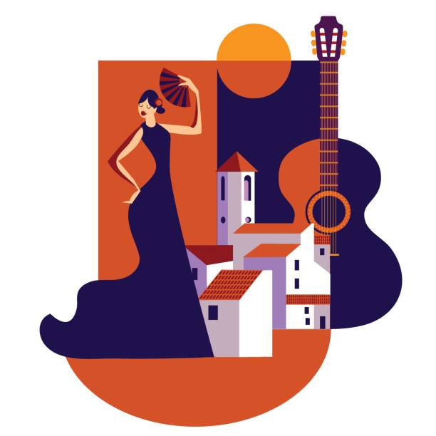 ilustraciones, imágenes clip art, dibujos animados e iconos de stock de ilustración vectorial andaluza de la ciudad mediterránea blanca y la mujer bailarina flamenca - computer graphic image women national landmark