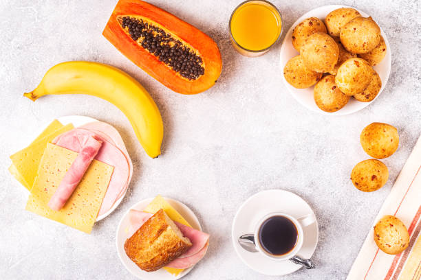 istock Traditional Brazilian breakfast - cheese bread, coffee, ripe fruit, top view 1286079486