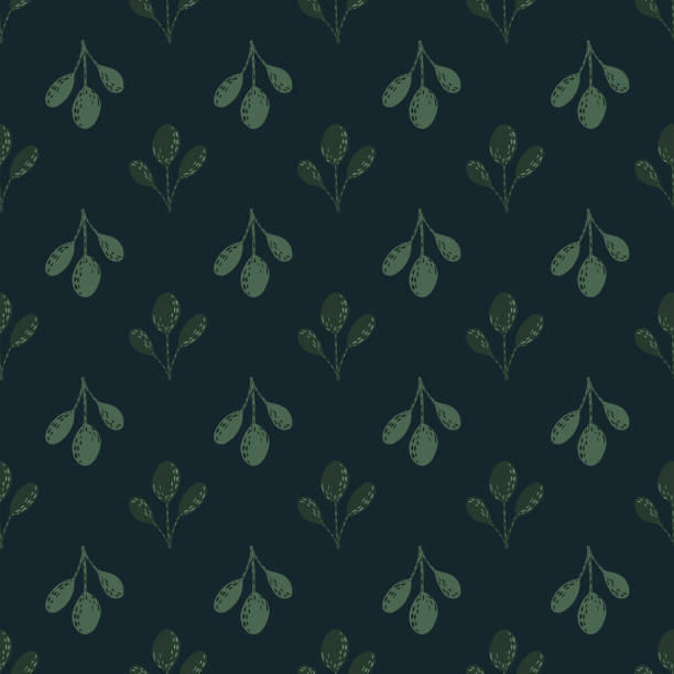 istock Seamless dark botanic pattern with cute little green branches silhouettes. Navy blue background. 1286079591