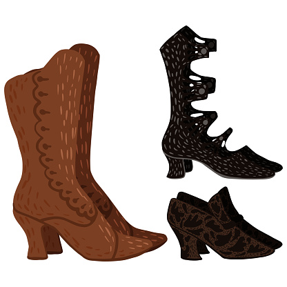 Set antique boots on white background. Vintage shoes dark color in doodle style vector illustration.