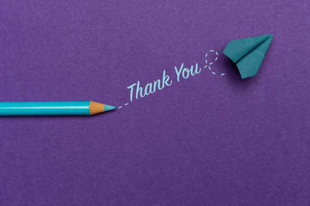 Thank You Blue pencil with Thank You text and a blue paper plane on purple background. paper airplane photos stock pictures, royalty-free photos & images