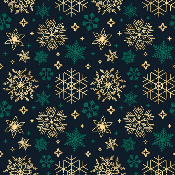 Seamless Christmas background with different snowflakes on black A Stylish Christmas seamless background with patterns of different gold and green snowflakes on black wrapping paper stock illustrations