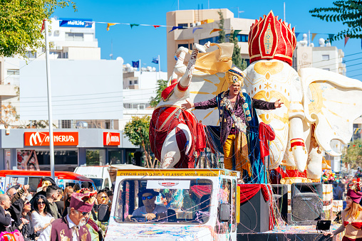 Limassol, Cyprus - March 01, 2020: Carriage platform with 'King of the Carnival' during the annual Grand Carnival Parade